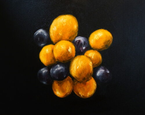oil painting of oranges and plums